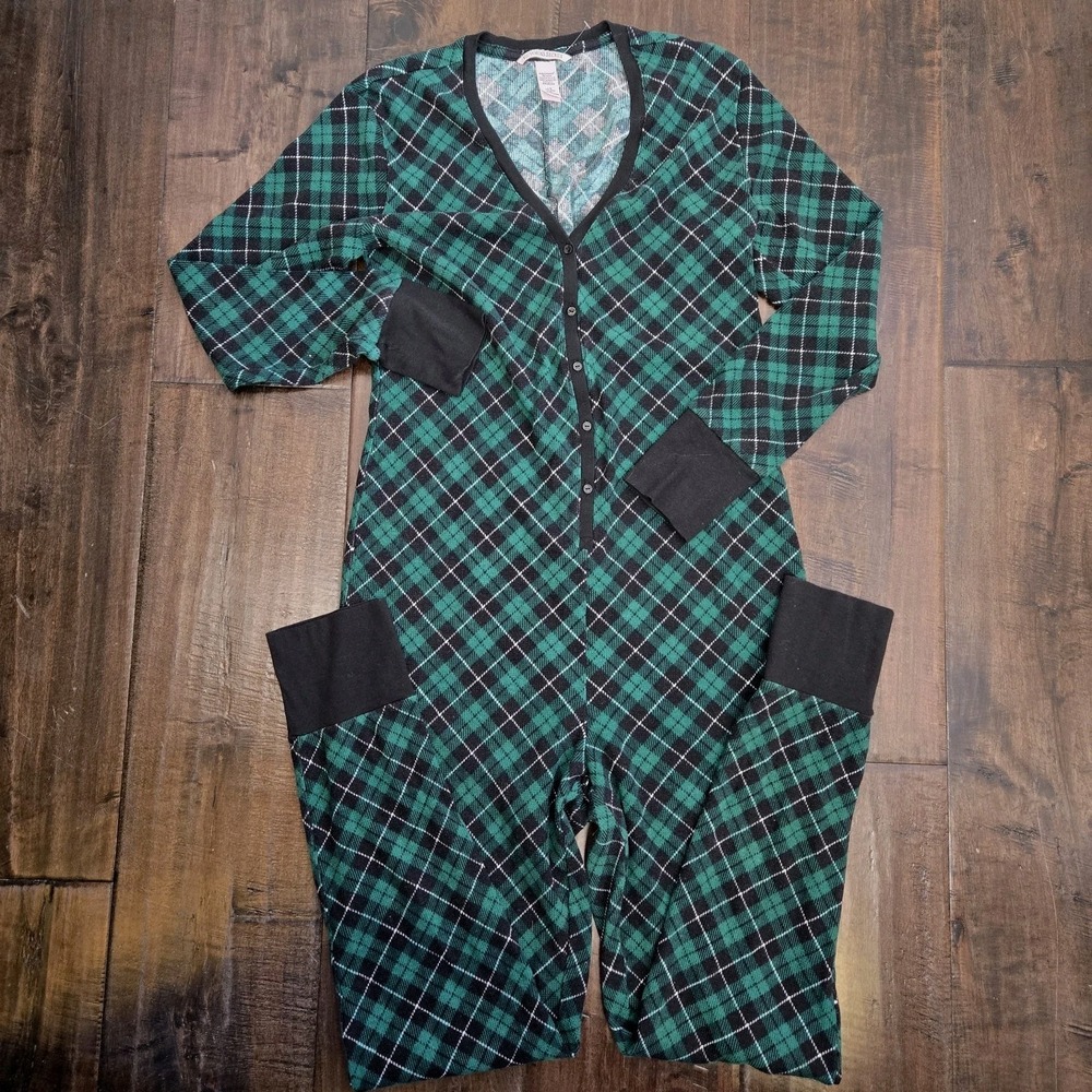 Victoria's Secret Green Plaid Thermal‎ Long John One Piece Pajamas Size L Cozy